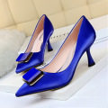 2020 new arrivals  verified supplier large size 43 heel cup metal button satin fabric high heels pump shoes women dress